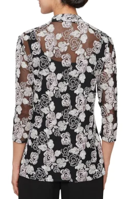 3/4 Sleeve Corded Tulle Twinset With Mandarin Neck Elongated Jacket & Jersey Scoop Neck Tank