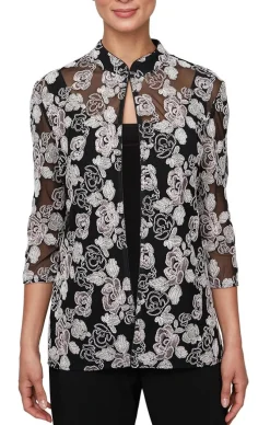 3/4 Sleeve Corded Tulle Twinset With Mandarin Neck Elongated Jacket & Jersey Scoop Neck Tank