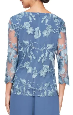 3/4 Sleeve Embroidered Mock Twinset With Hook Neck Closure And Scoop Neck Solid Tank