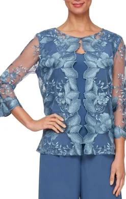 3/4 Sleeve Embroidered Mock Twinset With Hook Neck Closure And Scoop Neck Solid Tank