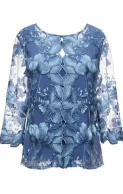 3/4 Sleeve Embroidered Mock Twinset With Hook Neck Closure And Scoop Neck Solid Tank