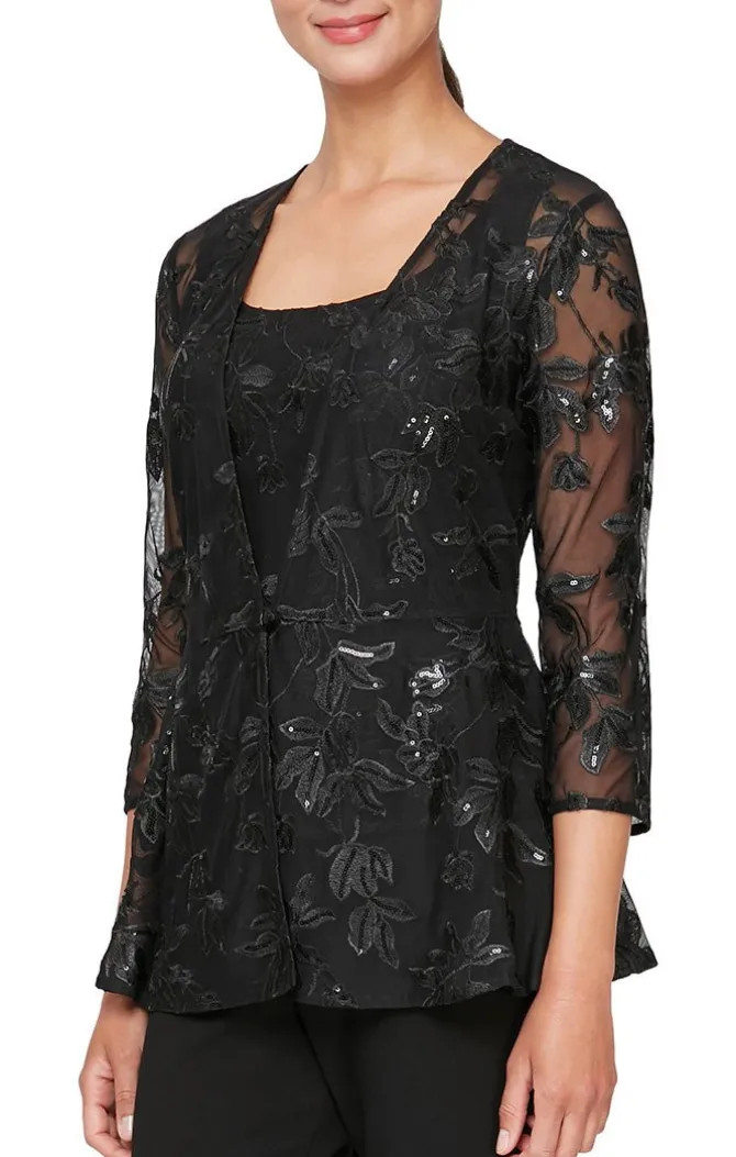 3/4 Sleeve Embroidered Twinset With Elongated Button Front Jacket And Scoop Neck Tank