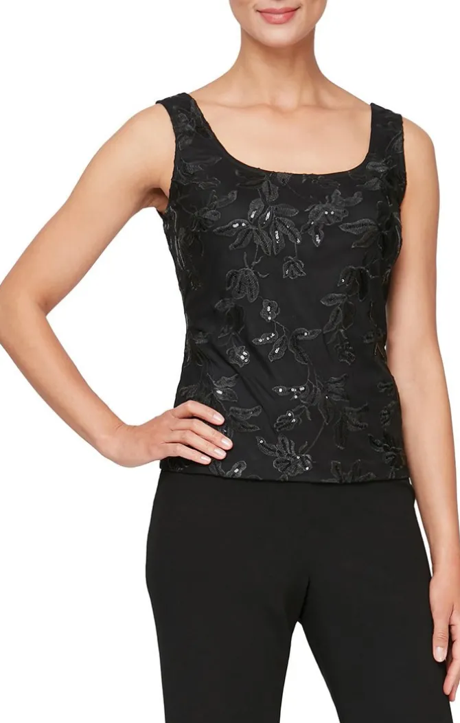 3/4 Sleeve Embroidered Twinset With Elongated Button Front Jacket And Scoop Neck Tank