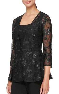 3/4 Sleeve Embroidered Twinset With Elongated Button Front Jacket And Scoop Neck Tank