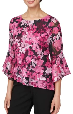 3/4 Sleeve Printed Blouse With Asymmetric Triple Tier Hem & Bell Sleeves