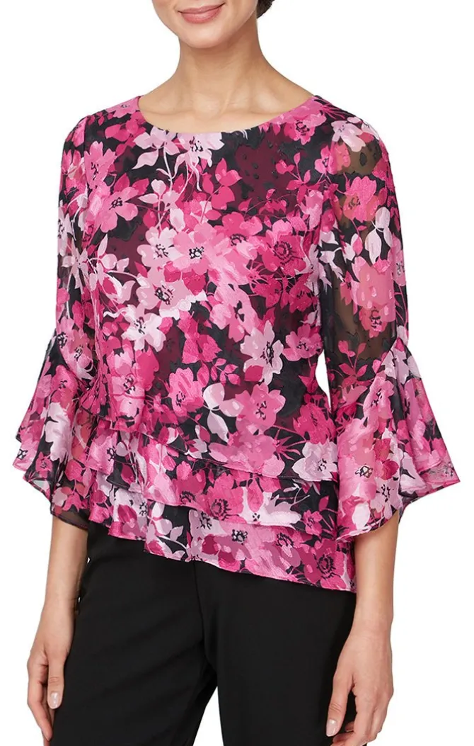 3/4 Sleeve Printed Blouse With Asymmetric Triple Tier Hem & Bell Sleeves