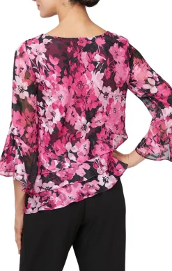 3/4 Sleeve Printed Blouse With Asymmetric Triple Tier Hem & Bell Sleeves