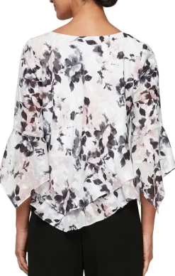 3/4 Sleeve Printed Blouse With Asymmetric Tiered Hem & Pointed Hem Sleeves