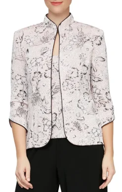 3/4 Sleeve Printed Mandarin Neck Twinset With Hook Neck Closure Jacket And Scoop Neck Tank