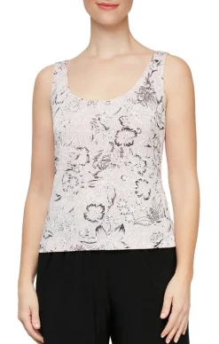 3/4 Sleeve Printed Mandarin Neck Twinset With Hook Neck Closure Jacket And Scoop Neck Tank