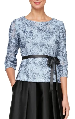 3/4 Sleeve Rosette Blouse With Illusion Neckline & Tie Belt