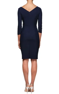 3/4 Sleeve Short Compression Collection Surplice Sheath Dress With Beaded Hip Detail & Cascade Ruffle Detail