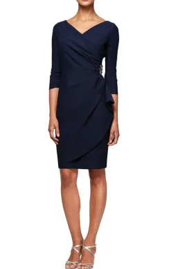 3/4 Sleeve Short Compression Collection Surplice Sheath Dress With Beaded Hip Detail & Cascade Ruffle Detail