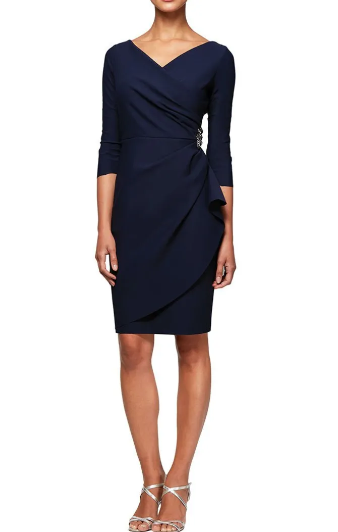 3/4 Sleeve Short Compression Collection Surplice Sheath Dress With Beaded Hip Detail & Cascade Ruffle Detail