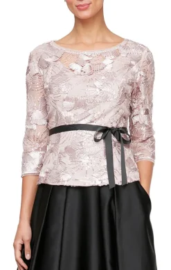 3/4 Sleeve Soutache Blouse With Illusion Neckline & Tie Belt