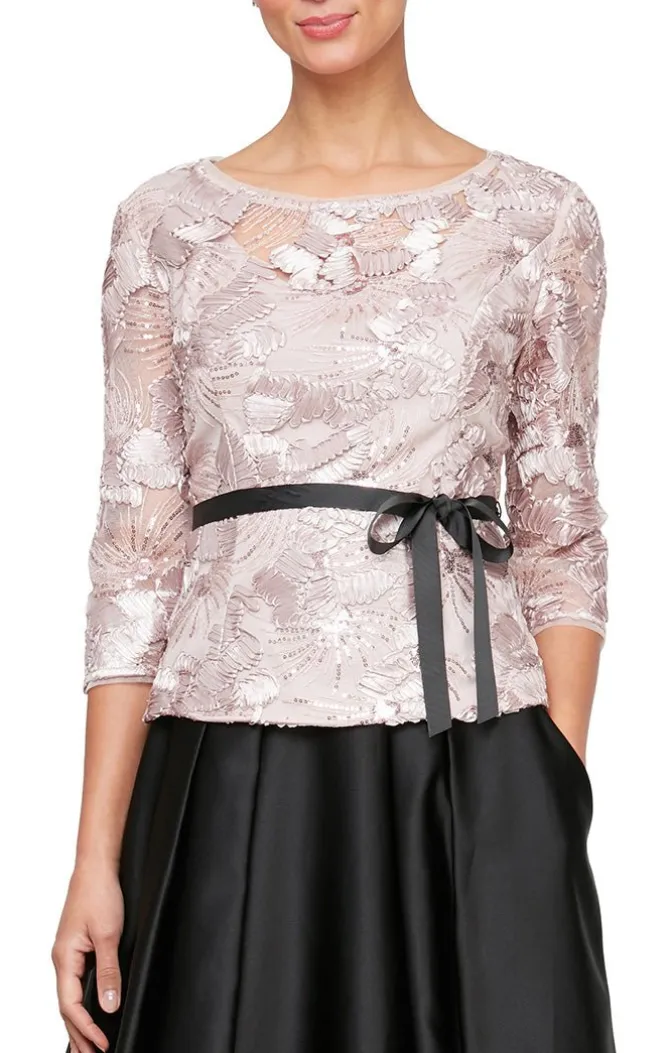 3/4 Sleeve Soutache Blouse With Illusion Neckline & Tie Belt
