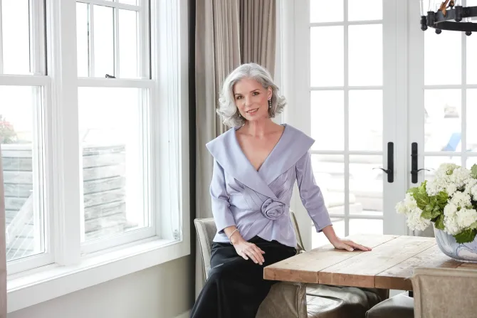 3/4 Sleeve Stretch Shimmer Blouse With Flower Detail Side Closure & Portrait Collar