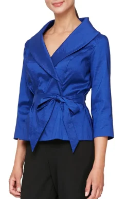 3/4 Sleeve Surplice Stretch Taffeta Blouse With Tie Waist Detail