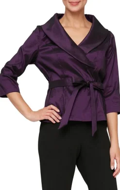 3/4 Sleeve Surplice Stretch Taffeta Blouse With Tie Waist Detail
