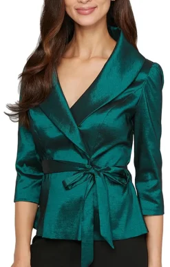 3/4 Sleeve Surplice Stretch Taffeta Blouse With Tie Waist Detail