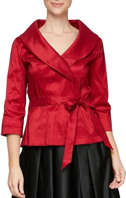 3/4 Sleeve Surplice Stretch Taffeta Blouse With Tie Waist Detail