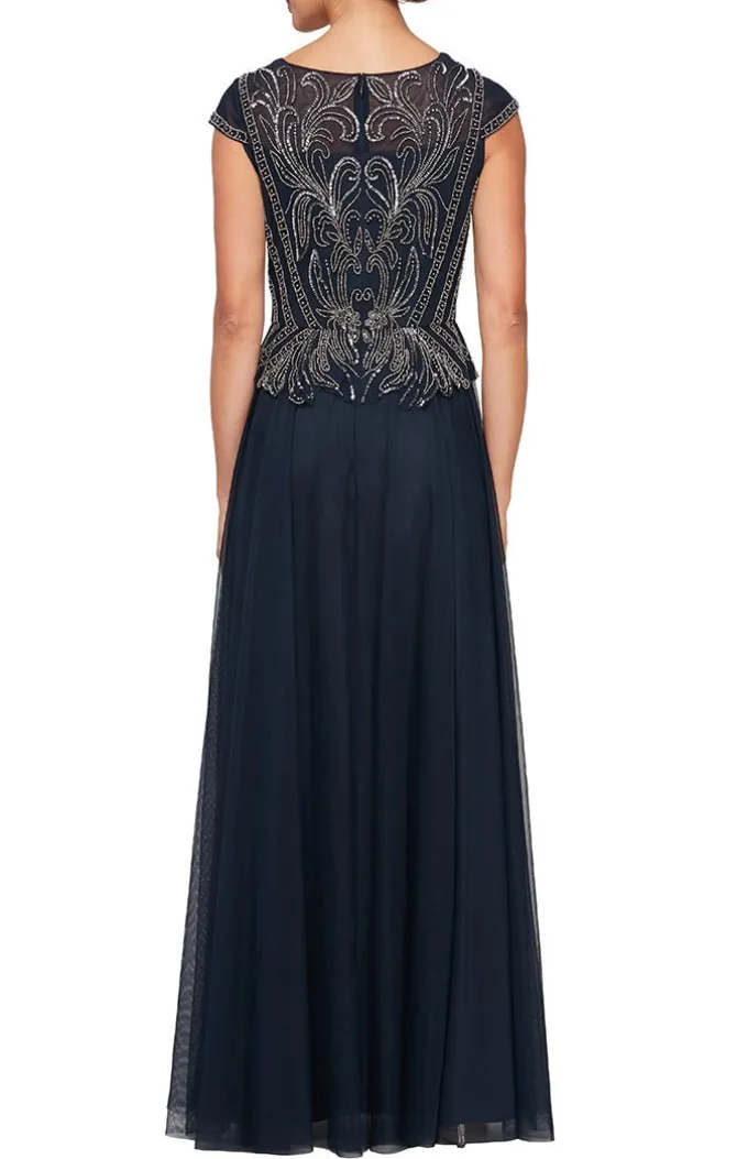 A-Line V-Neck Dress With Beaded Bodice & Cap Sleeves