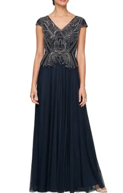 A-Line V-Neck Dress With Beaded Bodice & Cap Sleeves