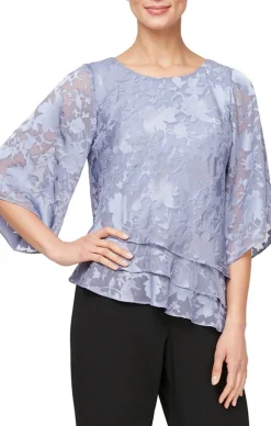 Burnout Chiffon Blouse With Asymmetrical Triple Tier Hem & Illusion Sleeves