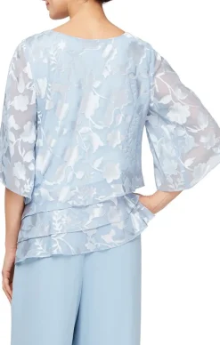 Burnout Chiffon Blouse With Asymmetrical Triple Tier Hem & Illusion Sleeves