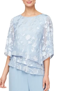 Burnout Chiffon Blouse With Asymmetrical Triple Tier Hem & Illusion Sleeves