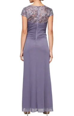 Cap Sleeve Dress With Embroidered Illusion Neckline & Cascade Detail Skirt