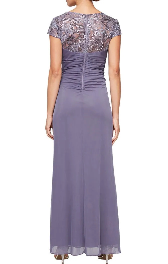 Cap Sleeve Dress With Embroidered Illusion Neckline & Cascade Detail Skirt