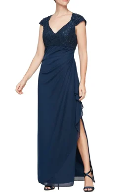 Cap Sleeve Empire Waist Dress With Corded Lace Bodice Detail & Cascade Mesh Skirt