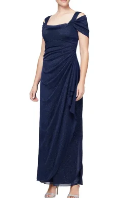 Cold Shoulder Glitter Mesh Dress With Draped Skirt & Cowl Neckline