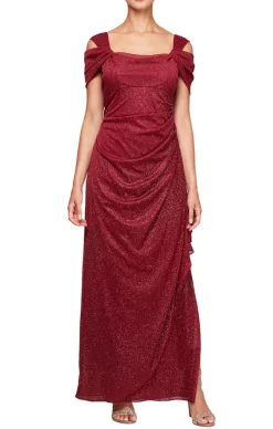 Cold Shoulder Glitter Mesh Dress With Draped Skirt & Cowl Neckline