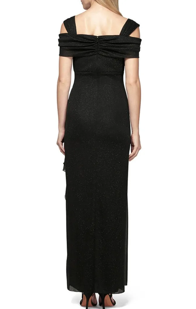 Cold Shoulder Glitter Mesh Dress With Draped Skirt & Cowl Neckline