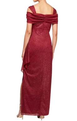 Cold Shoulder Glitter Mesh Dress With Draped Skirt & Cowl Neckline