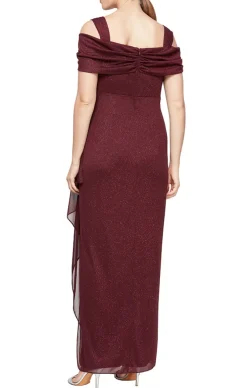 Cold Shoulder Glitter Mesh Dress With Draped Skirt & Cowl Neckline