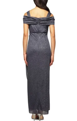 Cold Shoulder Glitter Mesh Dress With Draped Skirt & Cowl Neckline