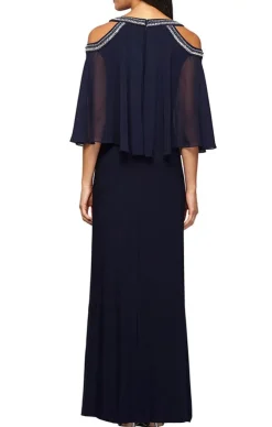 Cold Shoulder Popover Jersey & Chiffon Gown With Beaded Neckline