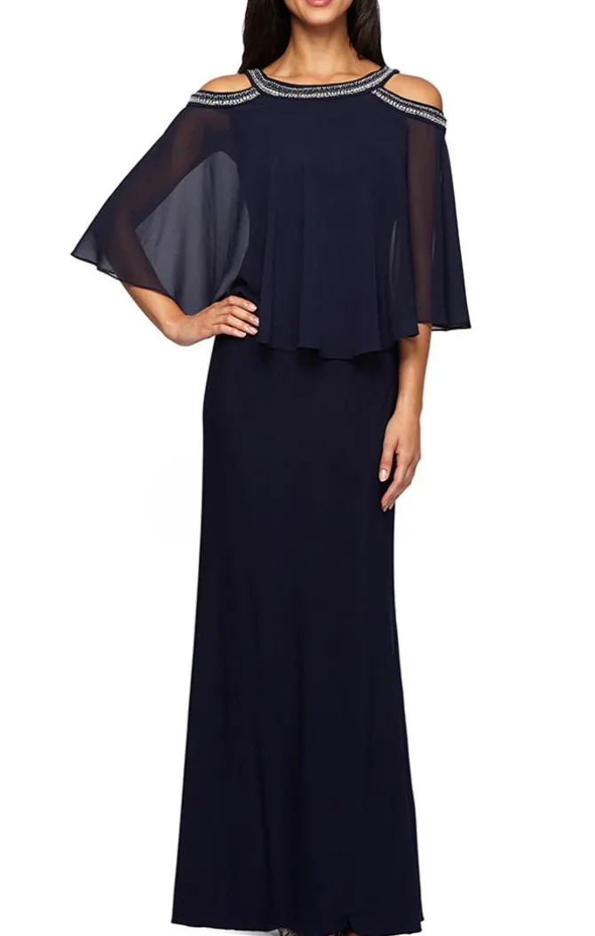 Cold Shoulder Popover Jersey & Chiffon Gown With Beaded Neckline