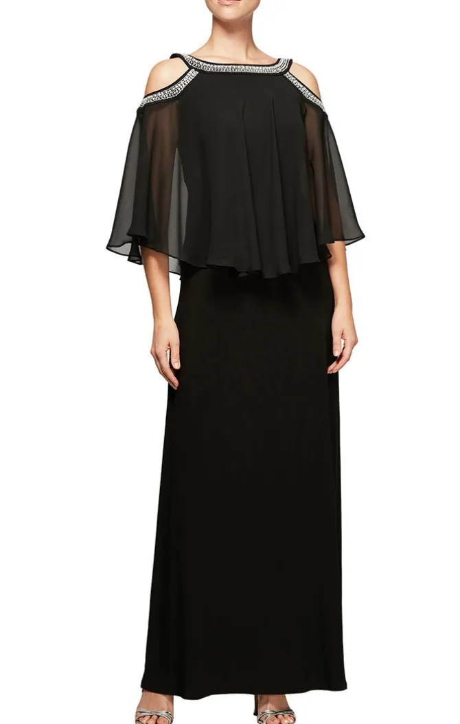 Cold Shoulder Popover Jersey & Chiffon Gown With Beaded Neckline