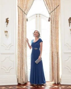 Cowl Neck A-Line Matte Jersey Dress With Pleated Bodice Detail