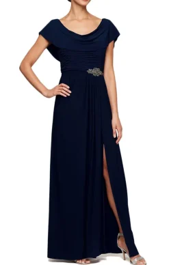 Cowl Neck A-Line Matte Jersey Dress With Pleated Bodice Detail