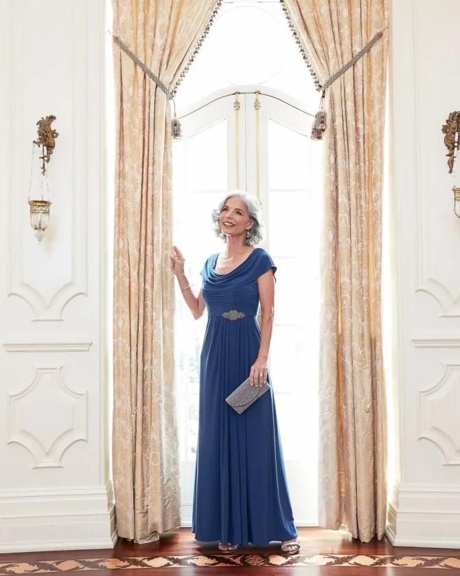 Cowl Neck A-Line Matte Jersey Dress With Pleated Bodice Detail