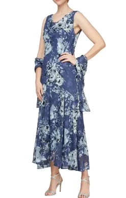 Cowl Neck Floral Chiffon Dress With High/Low Skirt And Matching Shawl