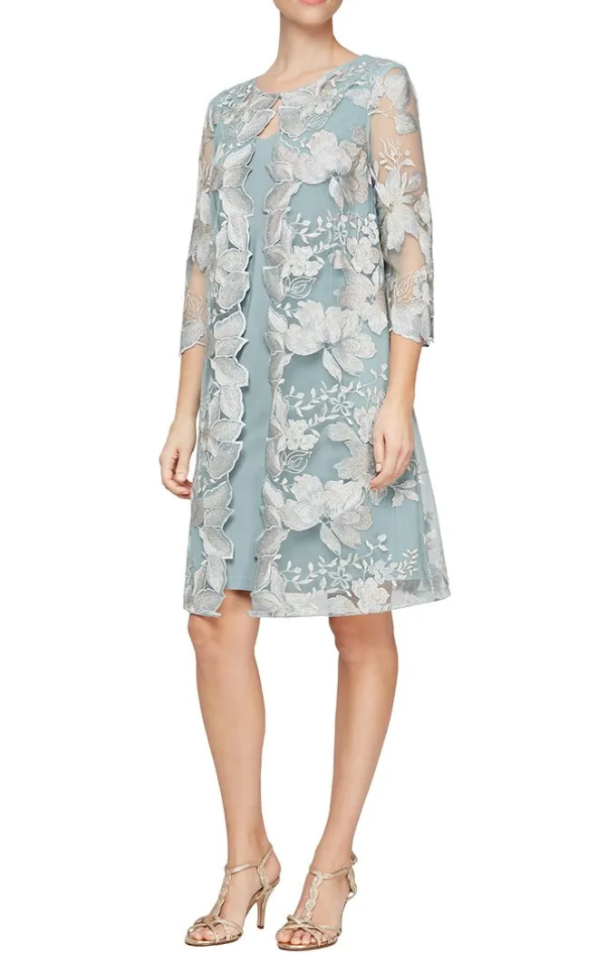 Elongated Lace Mock Jacket With Jersey Sheath Dress