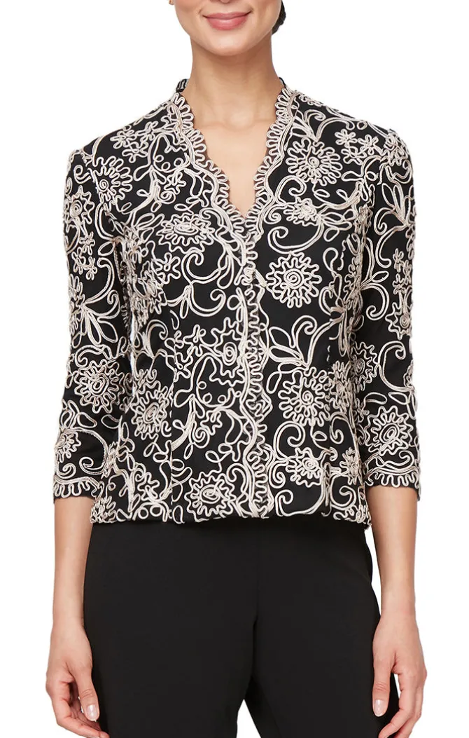 Embroidered Blouse With Center Front Scallop Detail And Illusion Sleeves