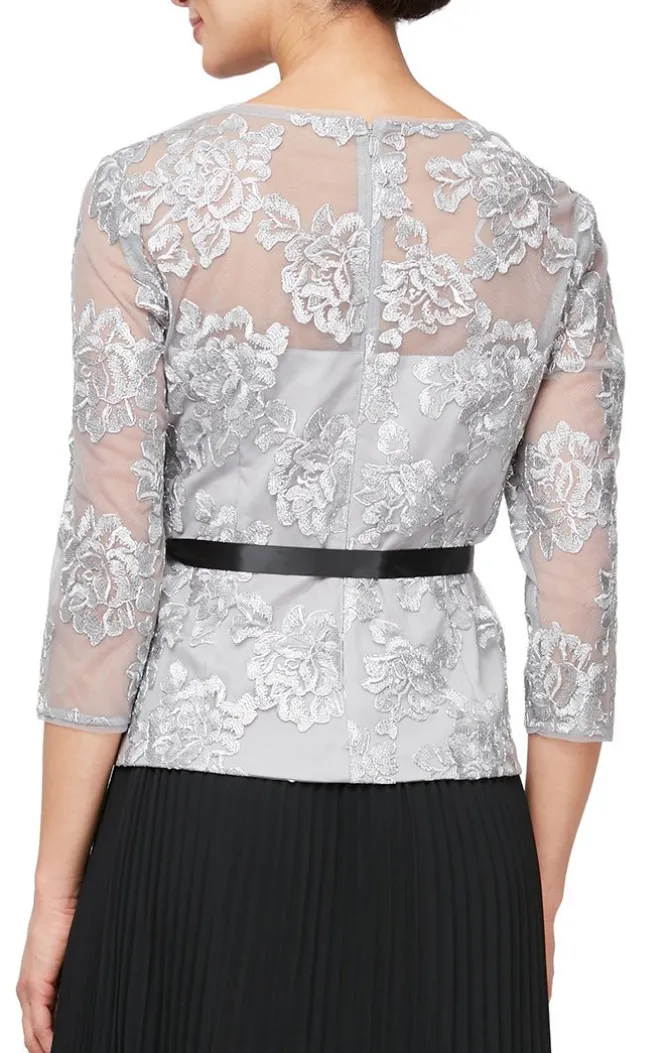 Embroidered Blouse With Illusion Neckline & Tie Belt
