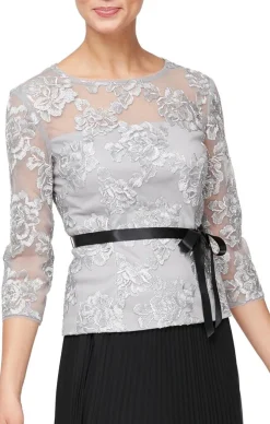 Embroidered Blouse With Illusion Neckline & Tie Belt
